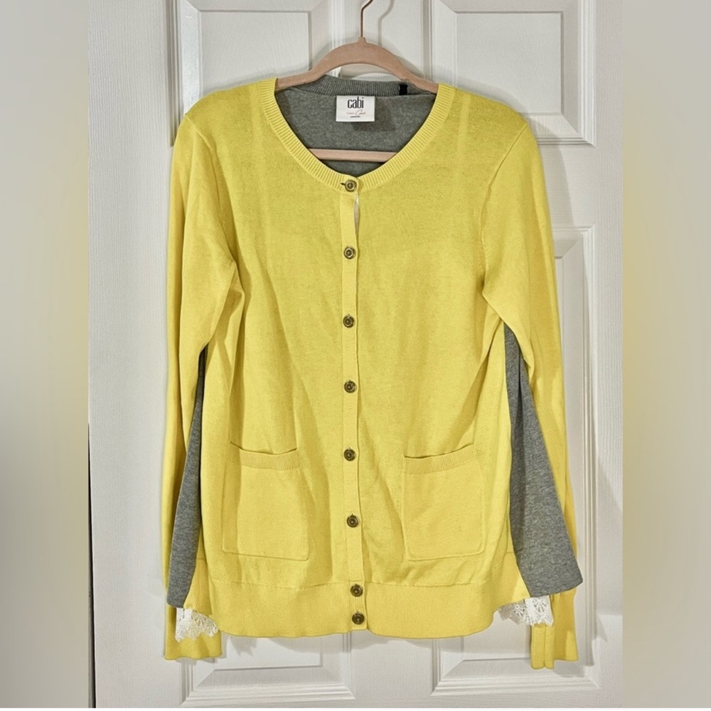 CAbi lace button up sweater cardigan yellow and grey